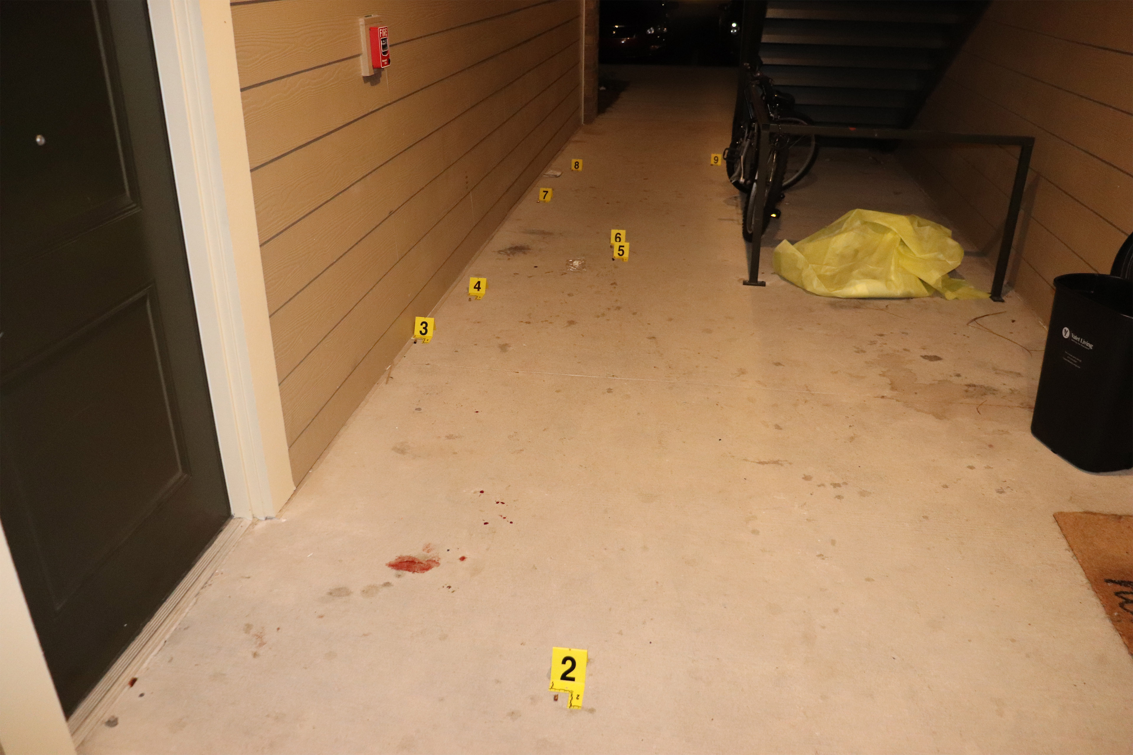 An image of a breezeway with blood on the ground. Nine yellow evidence markers are placed in various spots on the ground.