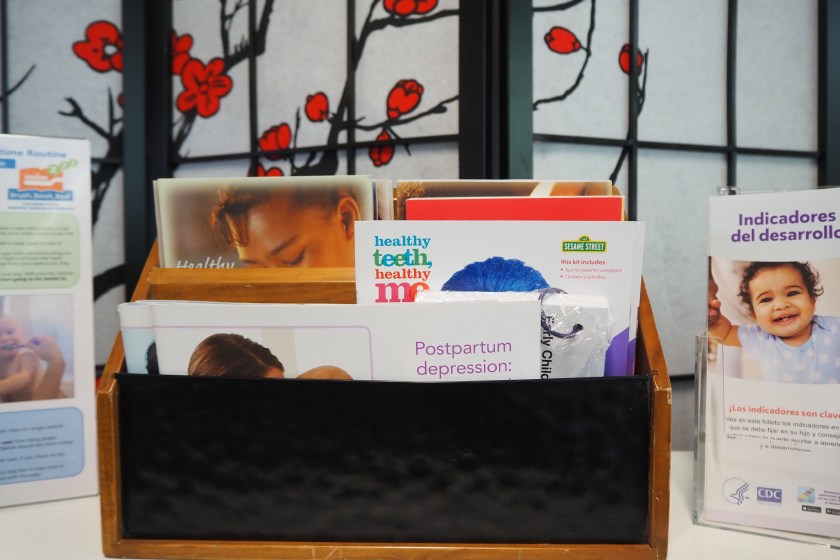 doulas-05-web Pamphlets, including ones about postpartum depression, are displayed on a tabletop