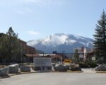 The metal gate with a sign that reads "Rocky Mountain Laboratories" framed by pine trees and snow capped mountain in the background
