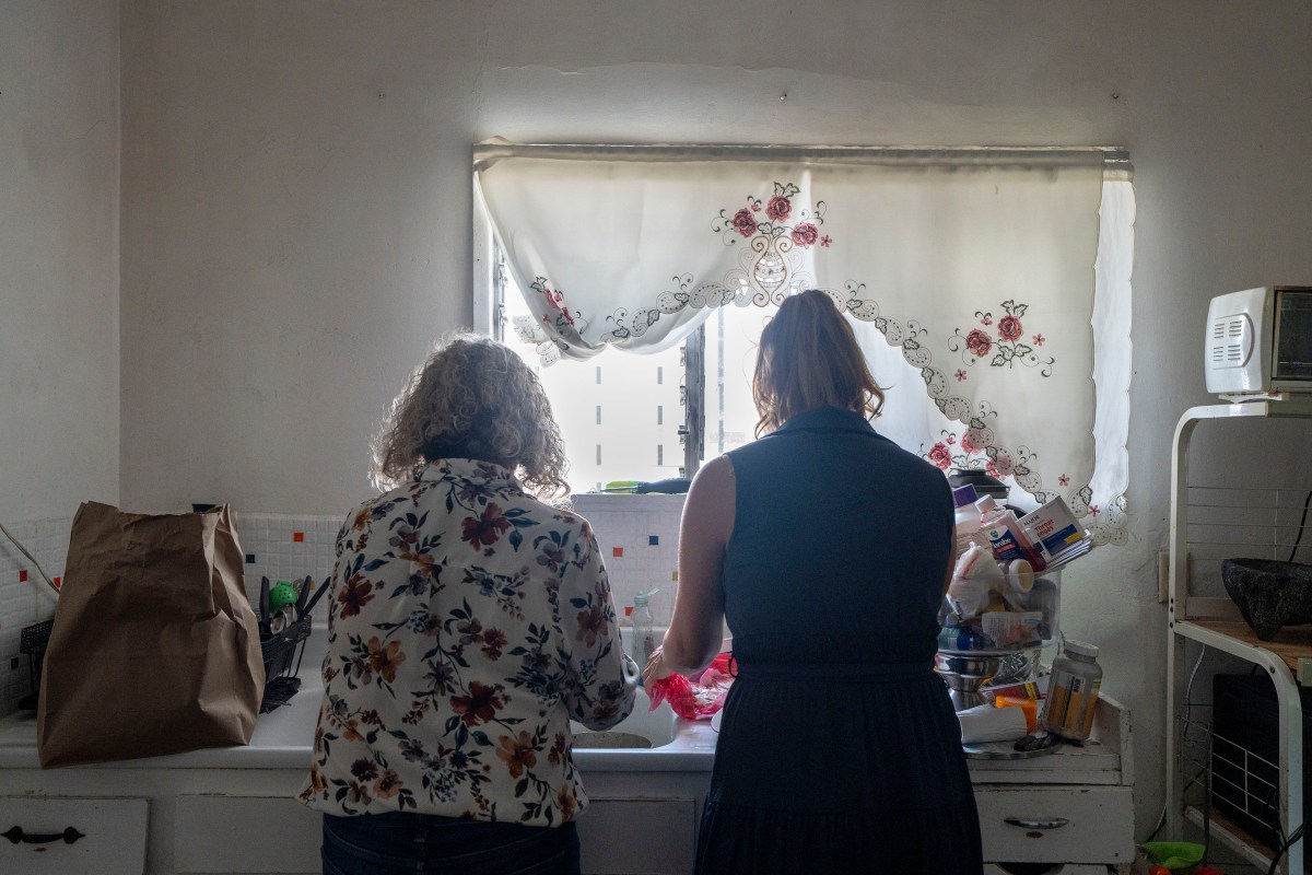 Two women stand in front of a sink and a window as they prepare food in a kitchen