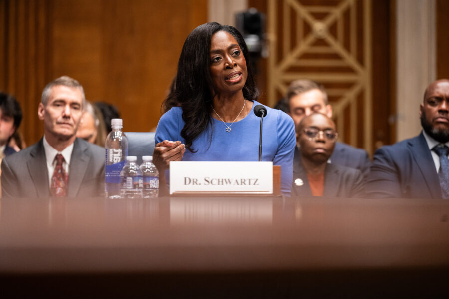 A photo of Erica Schwartz speaking in a Senate hearing room.