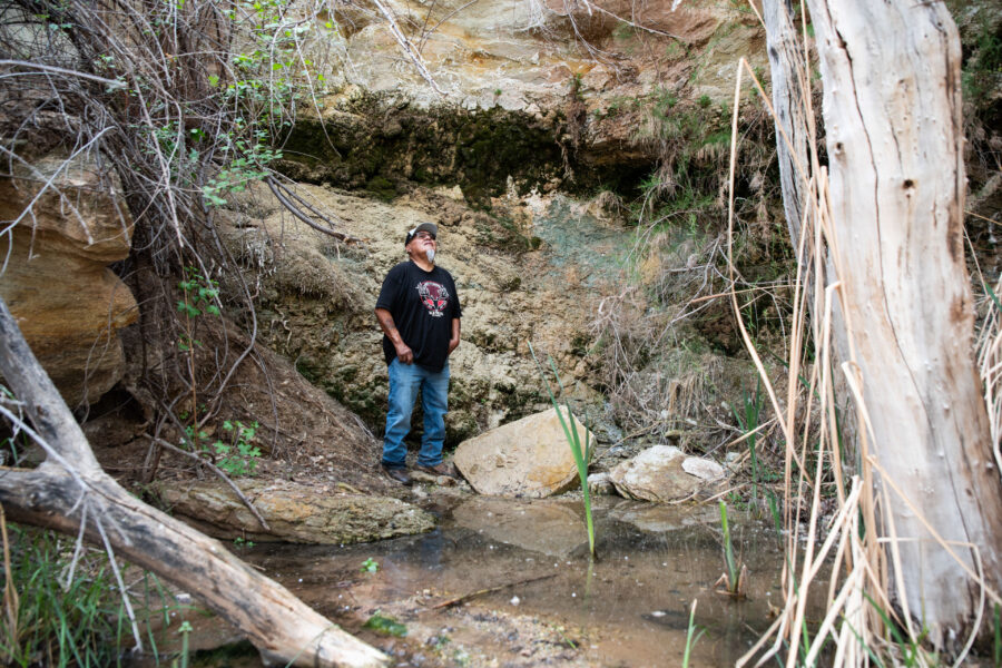 A man stands in front of a natural spring of water, surrounded by rocks and vegetation.