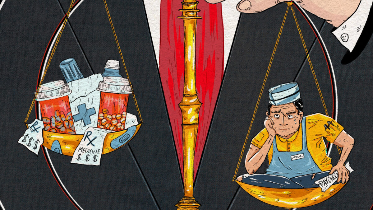An illustration of an unidentifiable male figure, wearing a red tie and dark grey suit, holding a golden scale. On the left scale, which is lighter and raised high, are medical items. On the right side is a restaurant worker, presumably on Medicaid.