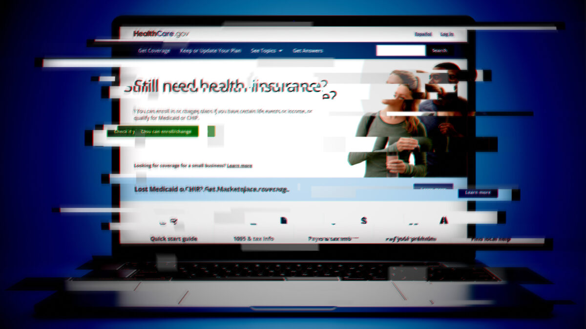 A glitchy photo illustration of a laptop opened with the healthcare.gov website opened.