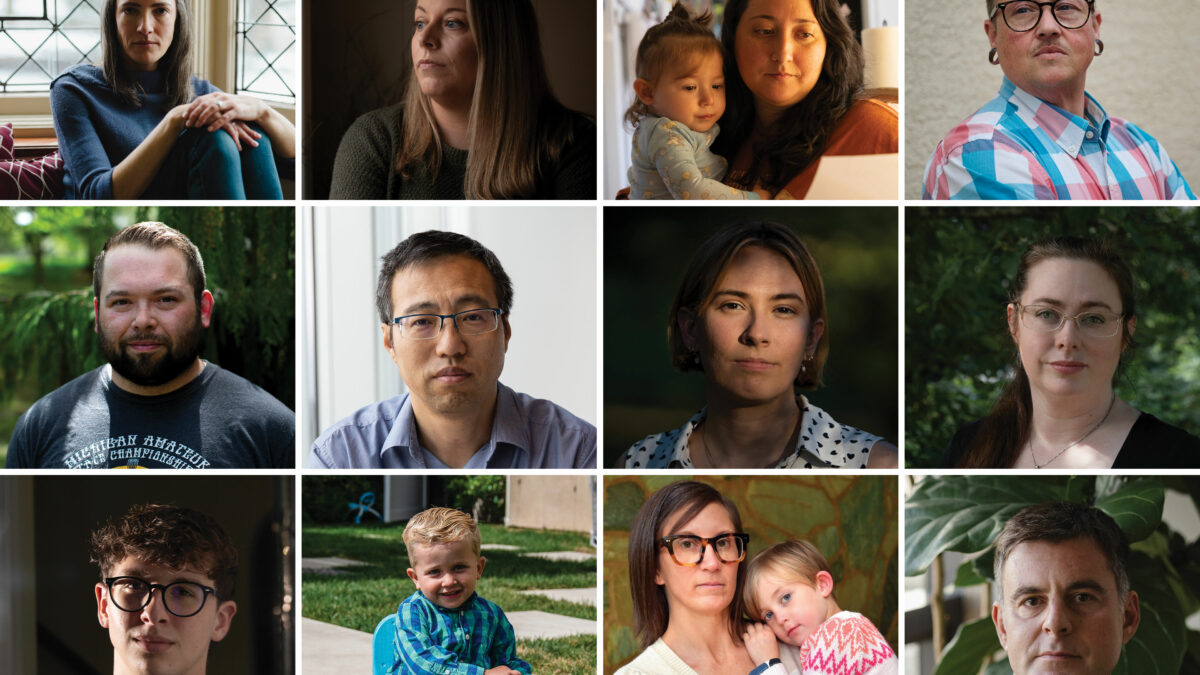 A grid of 12 photos each showing a portrait of a person or a person and their child.