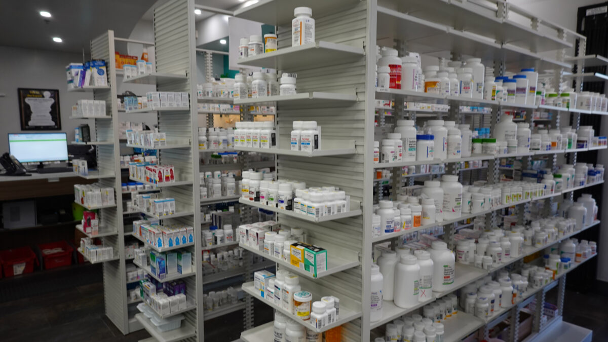 A photo of an area in a pharmacy with filled prescriptions.