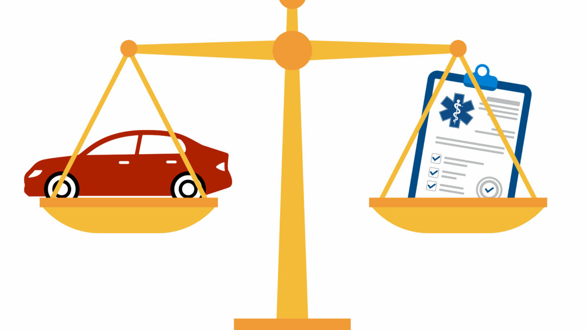 A vector illustration of a balance scale with a red car in the right pan and a document on a clipboard representing health insurance in the right pan.