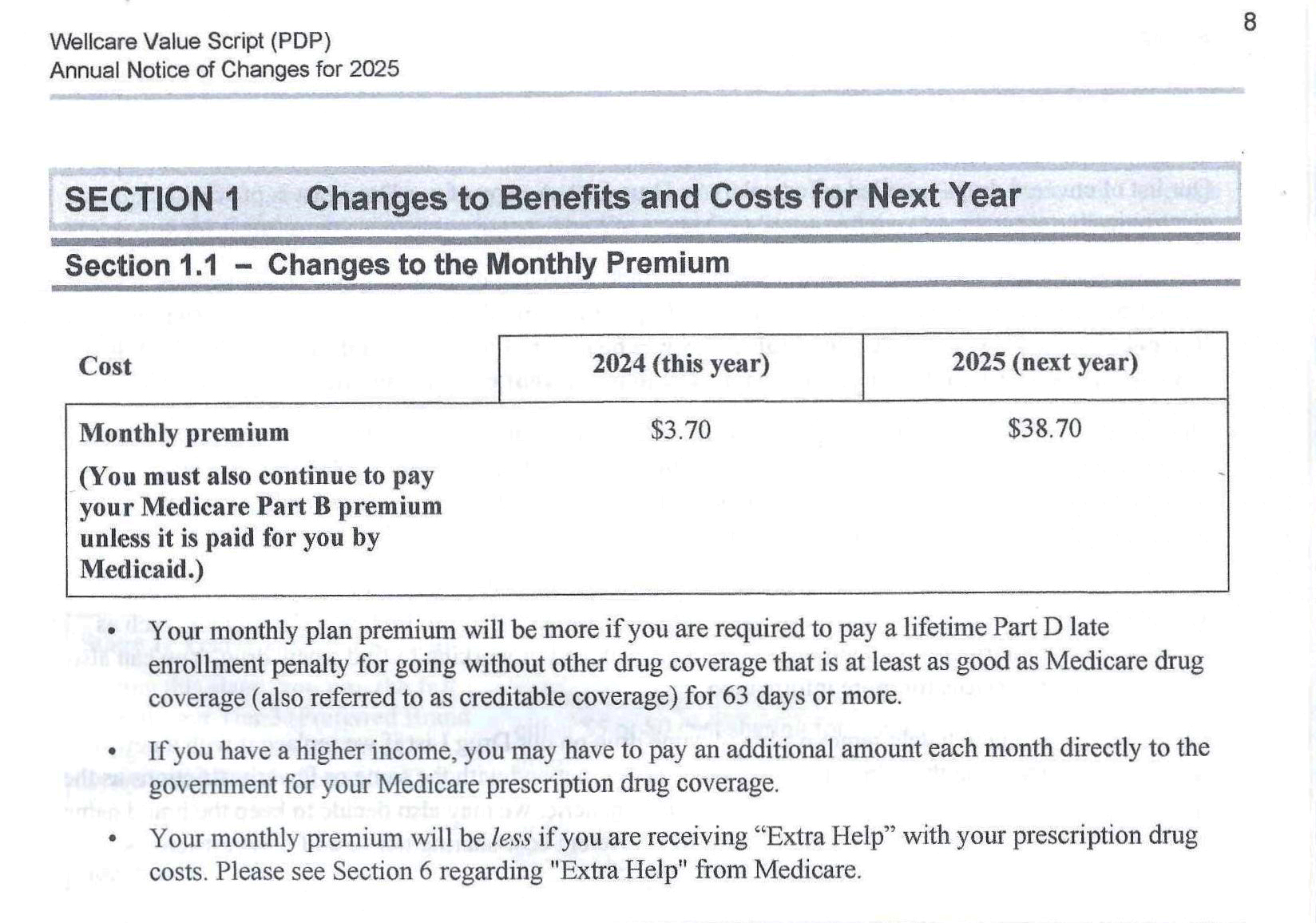 changes An excerpted portion of a booklet showing a premium increase.