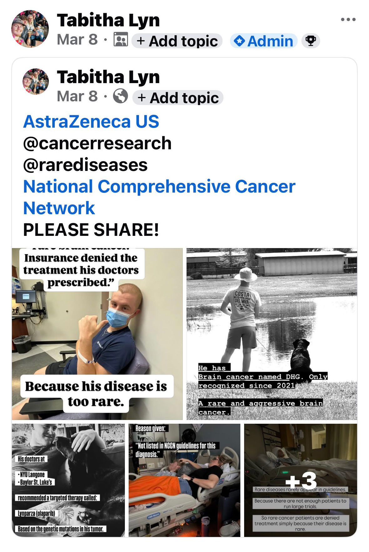 facebook-post A screenshot of a Facebook post by Tabitha Low tags AstraZeneca, @cancerresearch, @rarediseases, and the National Comprehensive Cancer Network. The text of the post reads, "PLEASE SHARE!" followed by images of Mason Henderson describing his condition.