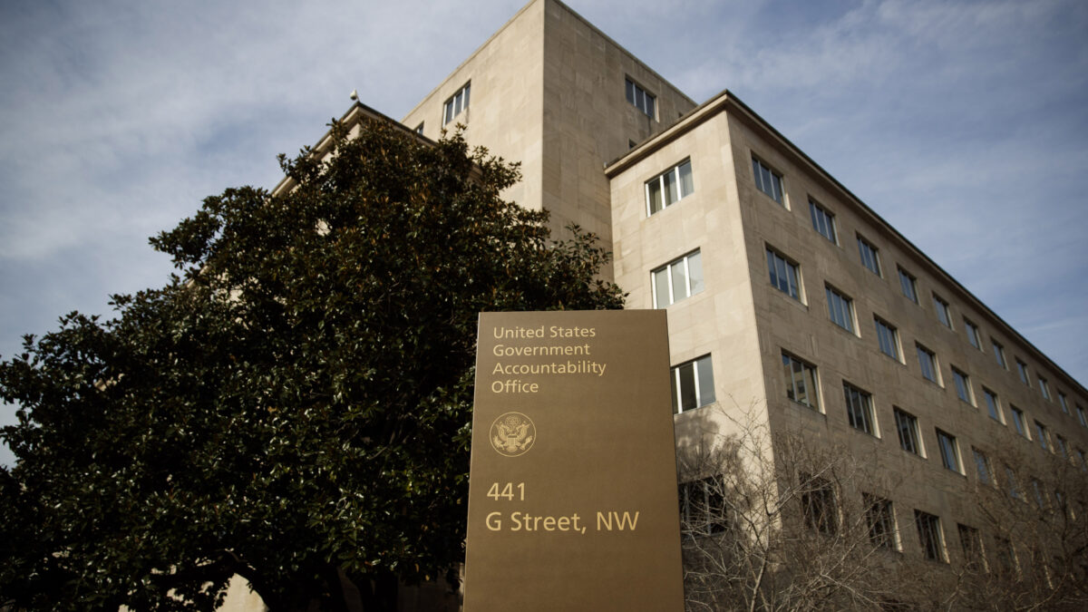 A photo of the exterior of a concrete office building: the headquarters of the Government Accountability Office.