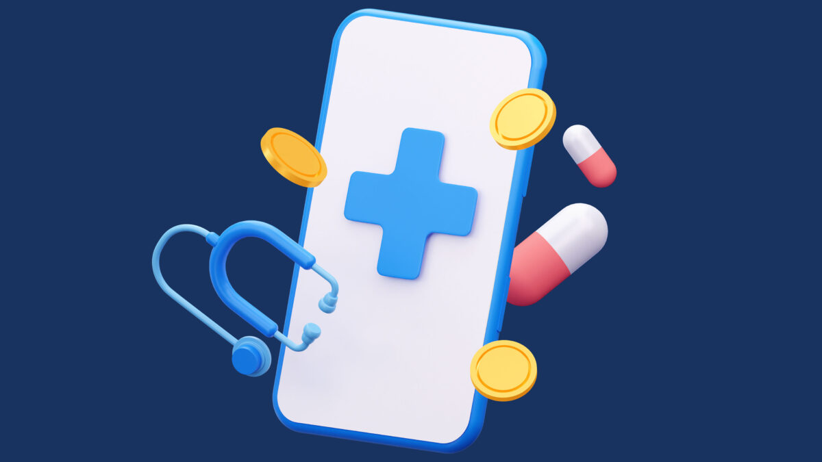 3d rendering illustration that shows a smartphone in the center with a medical "+" symbol on the screen. A stethoscope, pills, and coins float around the phone over a blue background.