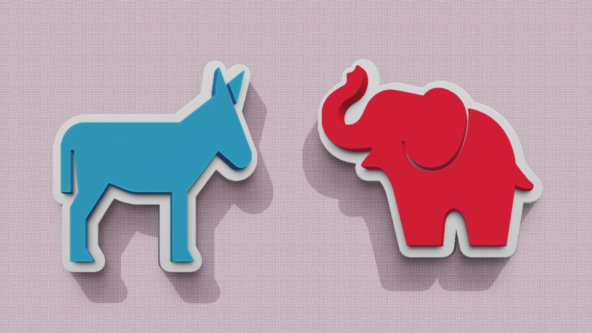 A photo illustration of a blue donkey and a red elephant facing each other.