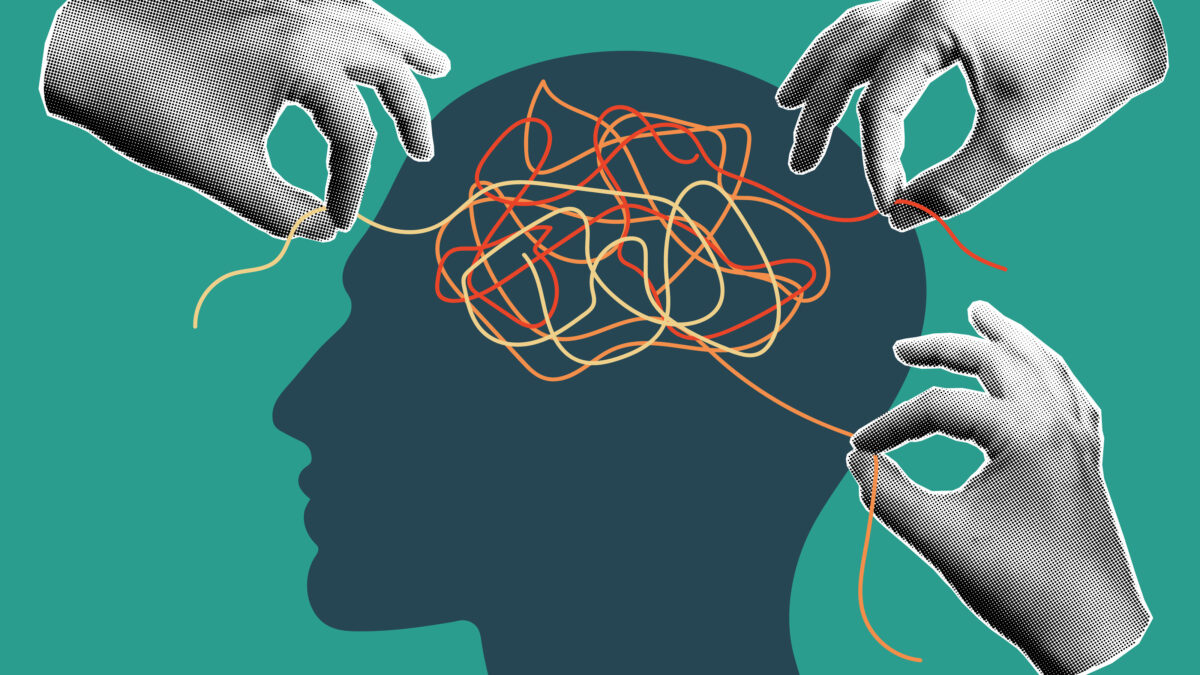 A photo illustration of a person's head with their brain drawn as tangled threads. Three hands work to unknot the threads.