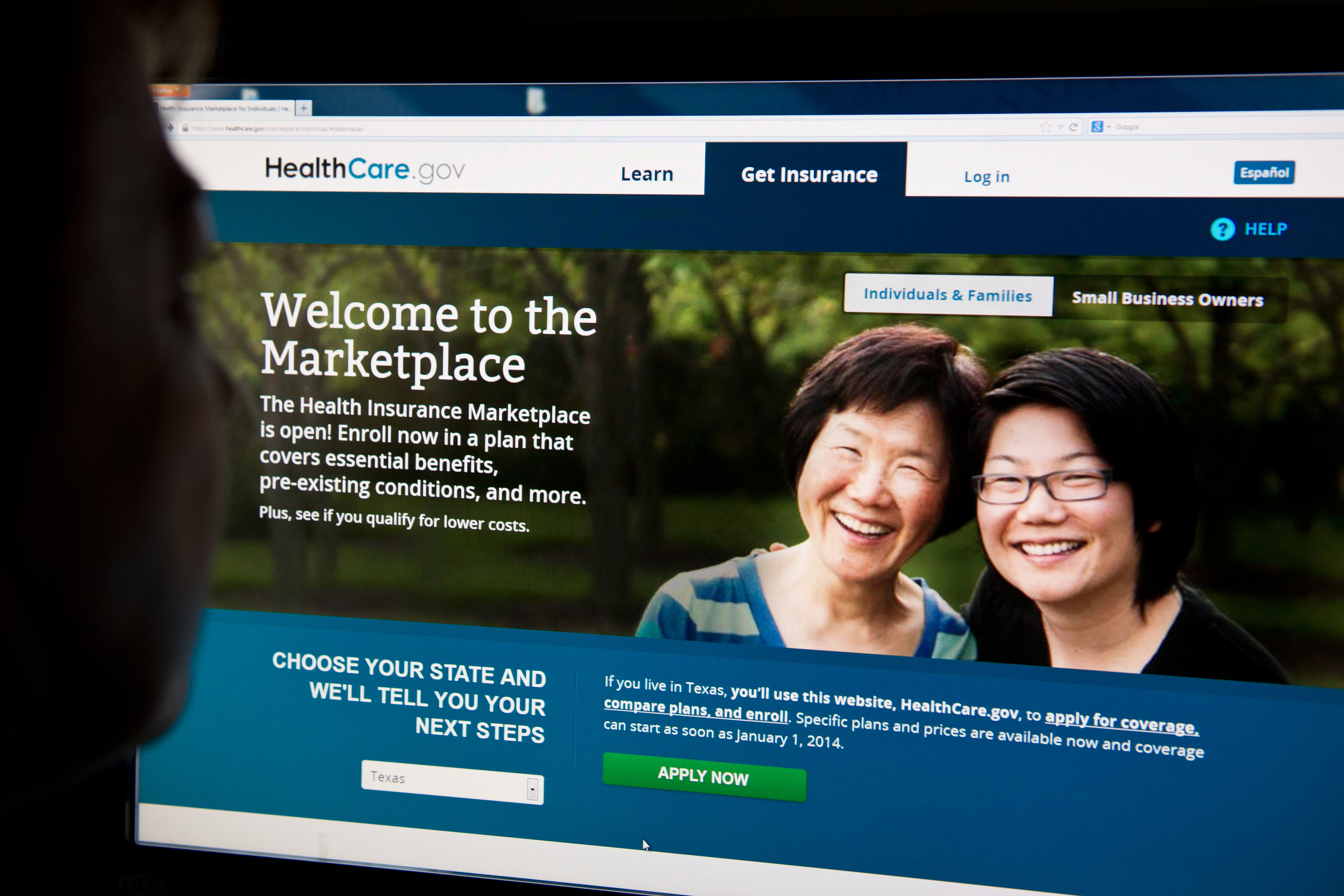gettyimages-182585880-resized A photo of a computer screen showing the HealthCare.gov website. Text on the site reads, "The Health Insurance Marketplace is open! Enroll now in a plan that covers essential benefits, pre-existing conditions, and more."
