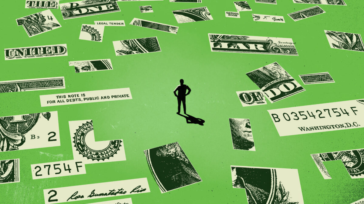 A photo illustration of a figure standing alone, surrounded by fragments of a dollar bill arrayed in a random order.