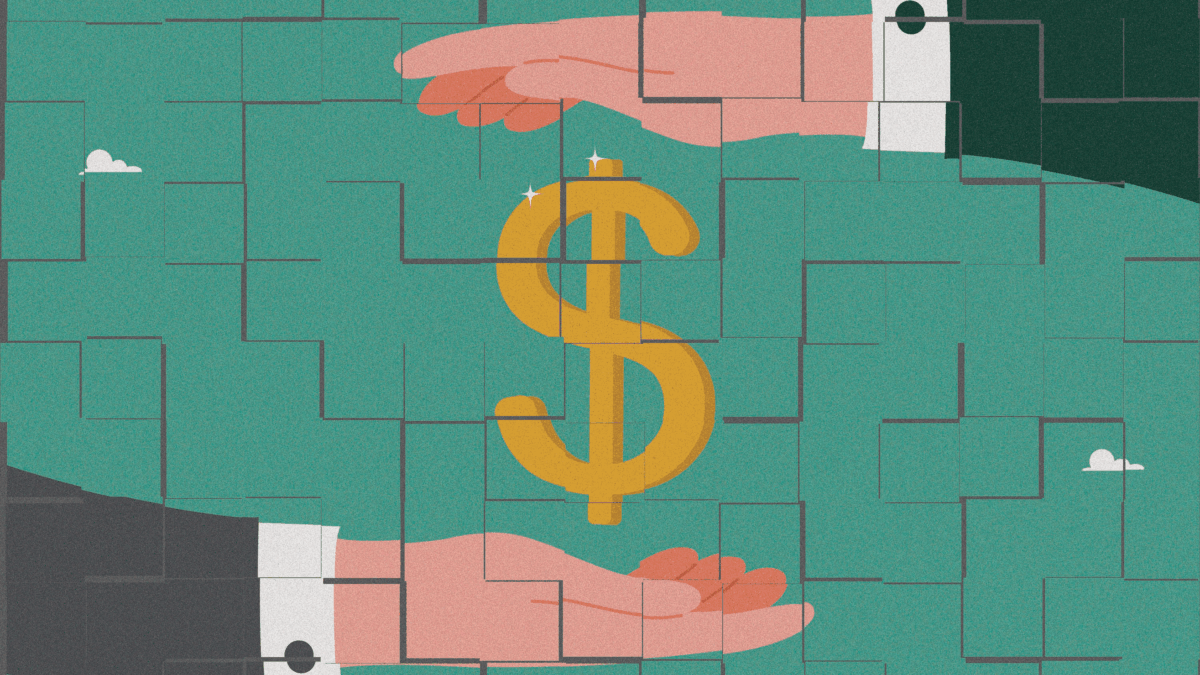 A vector illustration of a "$" symbol between two hands.