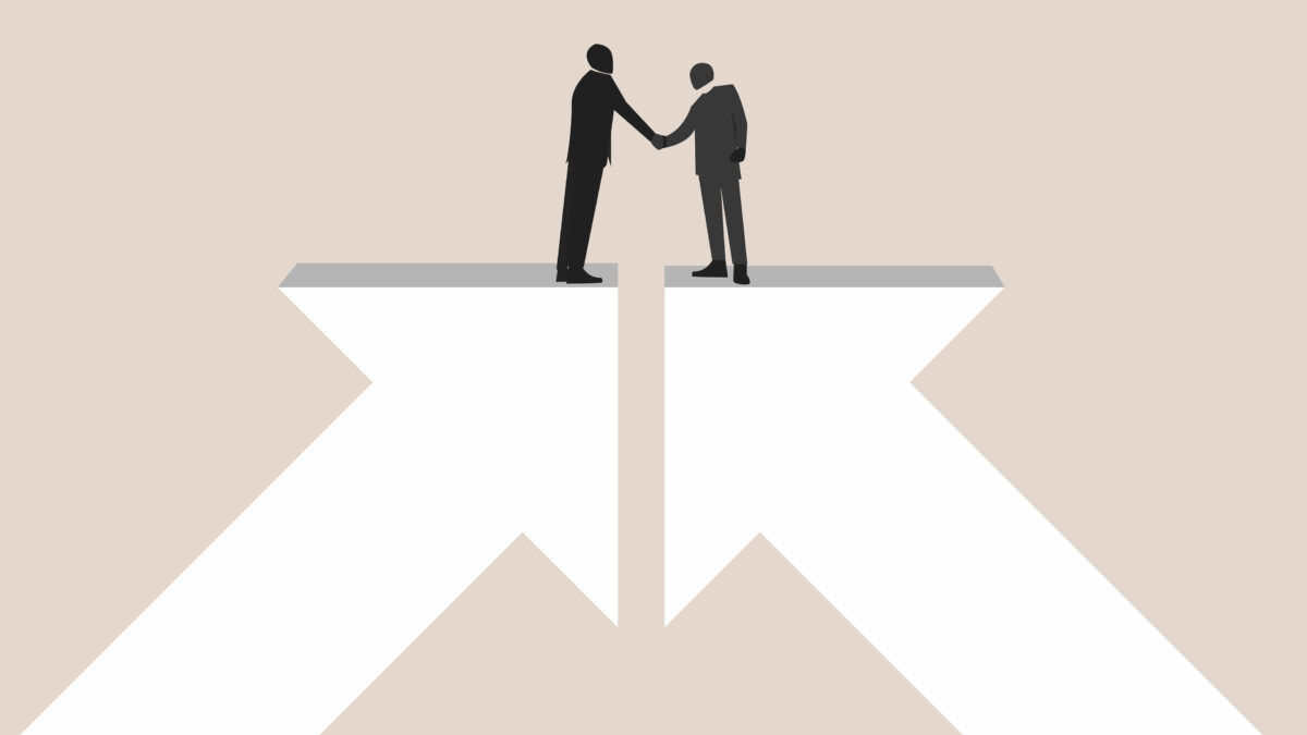 An illustration shows two businessmen shaking hands. Each stands on an arrow pointing upward, meeting in the middle.