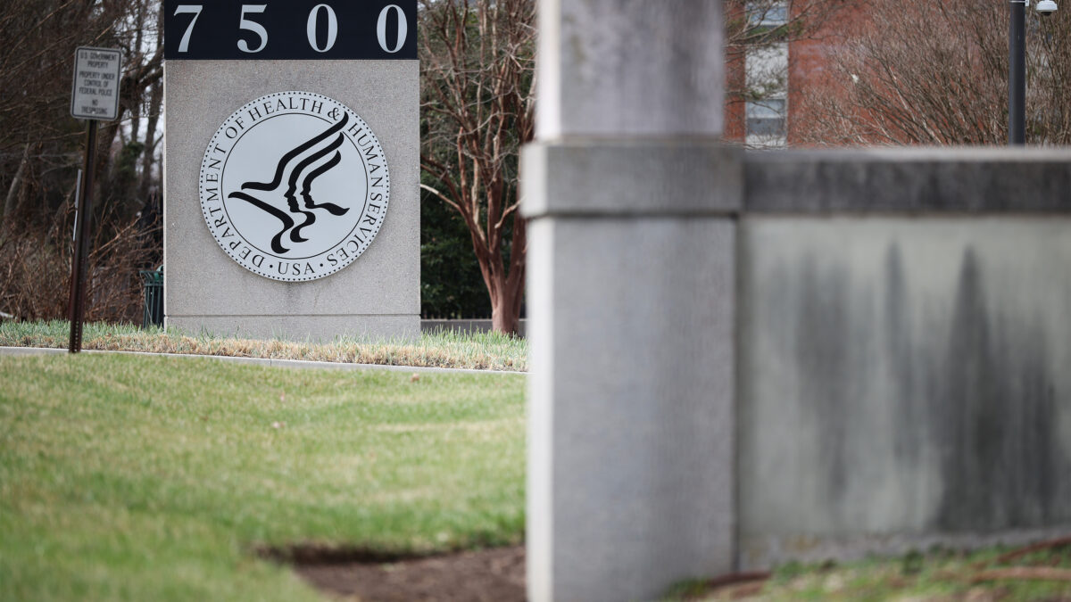 A sign shows the Department of Health and Human Services logo outside of the Centers for Medicare & Medicaid Services headquarters.