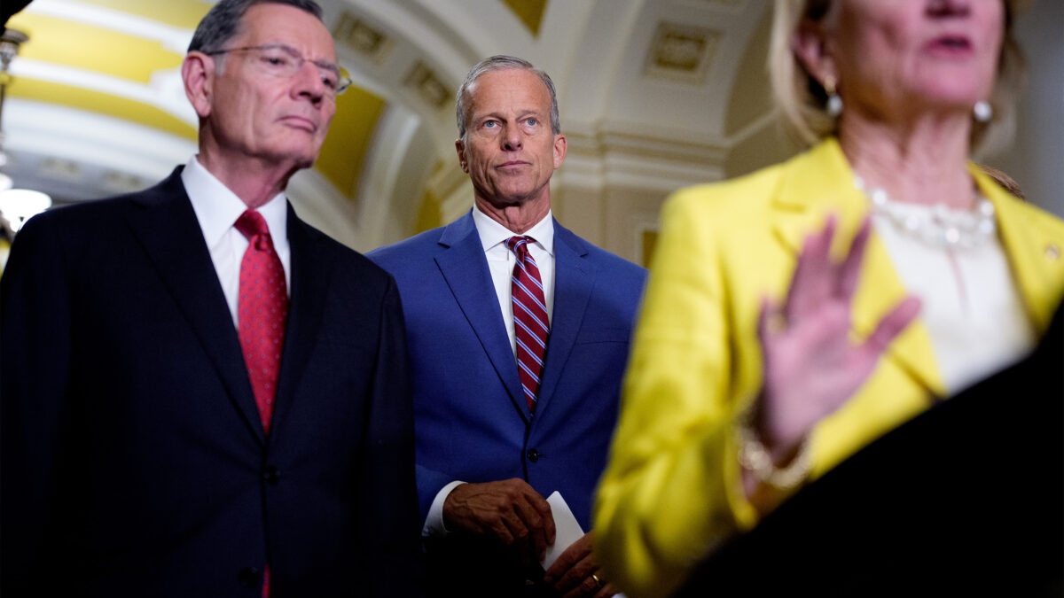A photo of Senators John Thune, John Barrasso and Shelley Capito in the US Capitol.