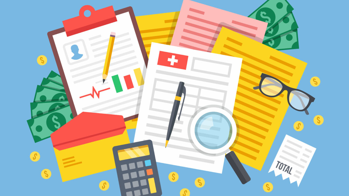 A vector illustration of pieces of paper, an envelope, a receipt, a pen and pencil, a magnifying glass, eye glasses, dollar bills, and coins.