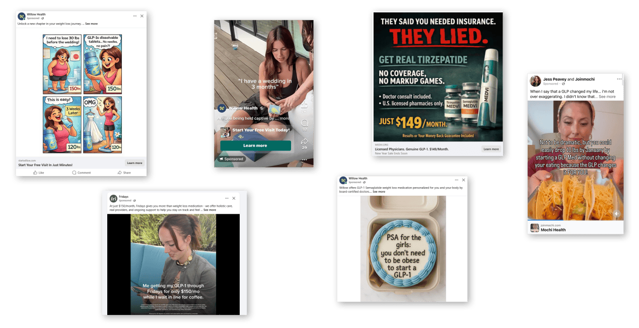 glp1ads_01 A collage of 6 advertisements for online GLP-1 medication.