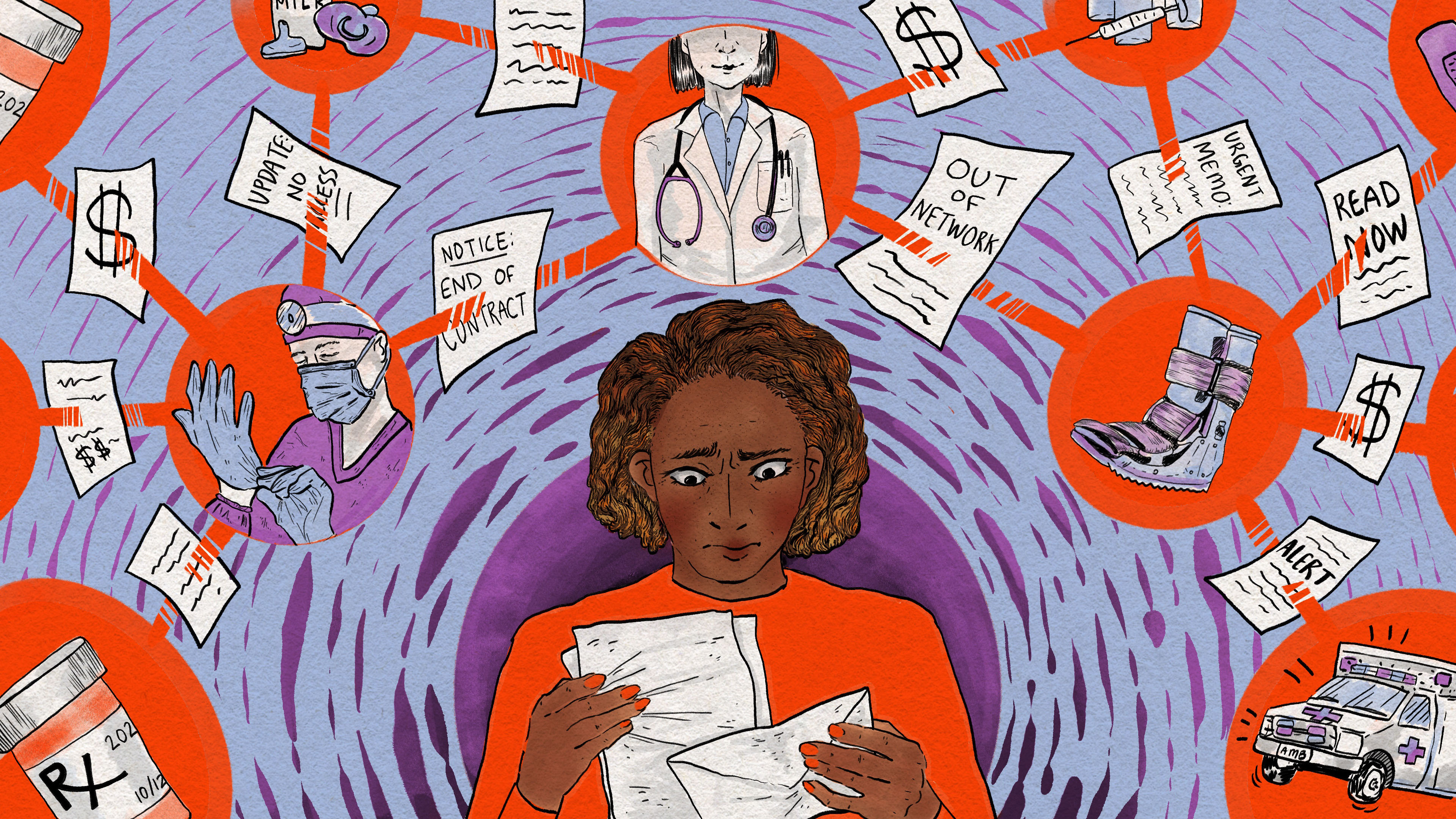 helpine02_leadart_final_resized An illustration of a woman looking at a paper letter in her hands with a confused expression. Above her illustrates a network of medical care that's been fragmented by letters like the one she holds.