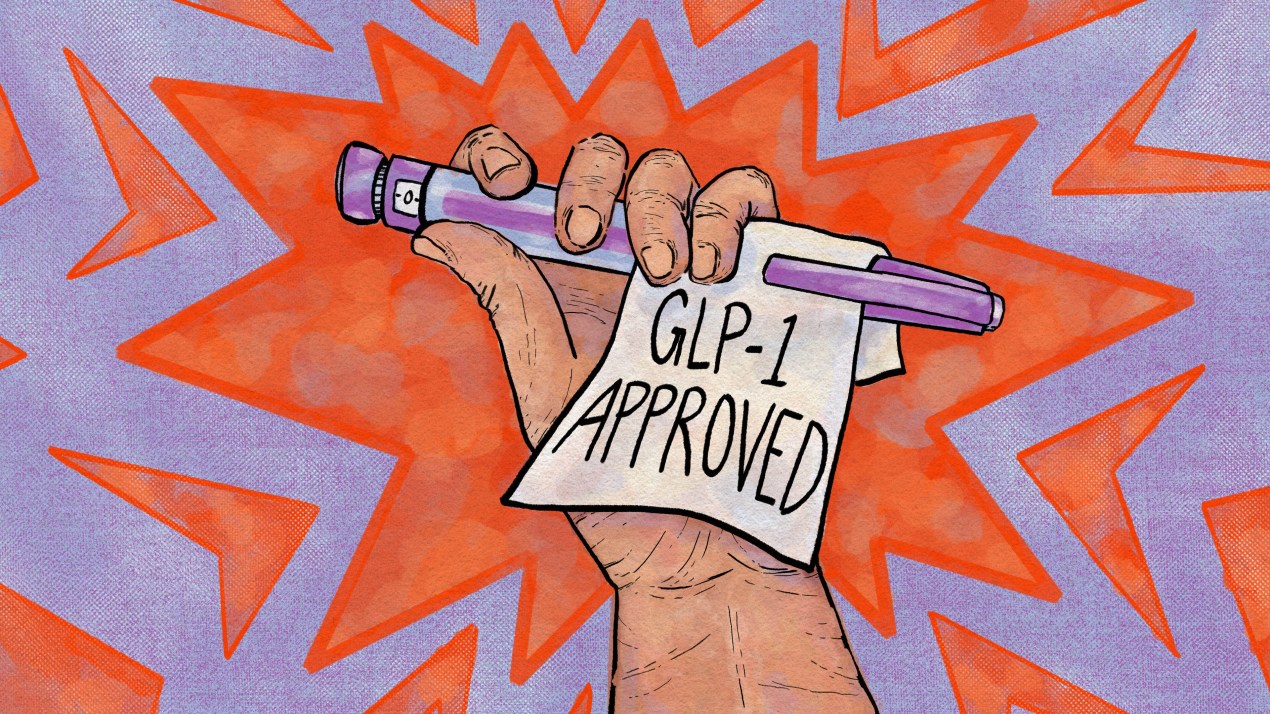 helpline_6_lead-final_resized A hand-drawn illustration of a hand holding a GLP-1 injector that has a note attached to it, which reads, "GLP-1 APPROVED!"