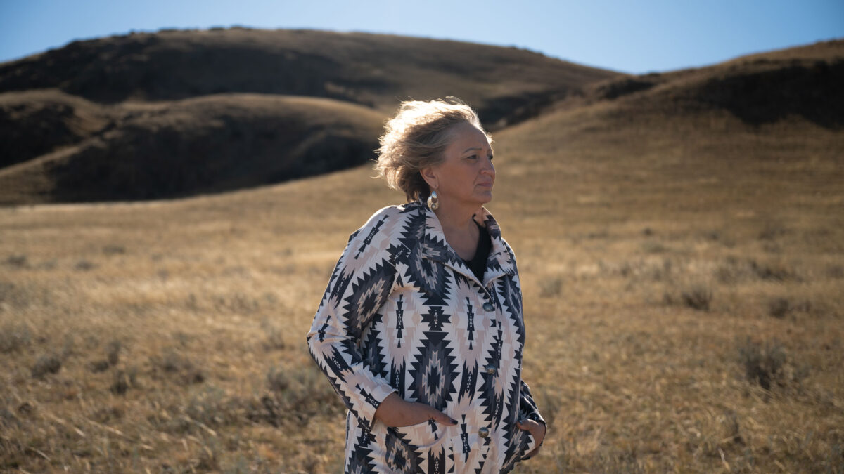A portrait of a middle-aged woman standing in a grassy field with mountains in the background on a sunny day.