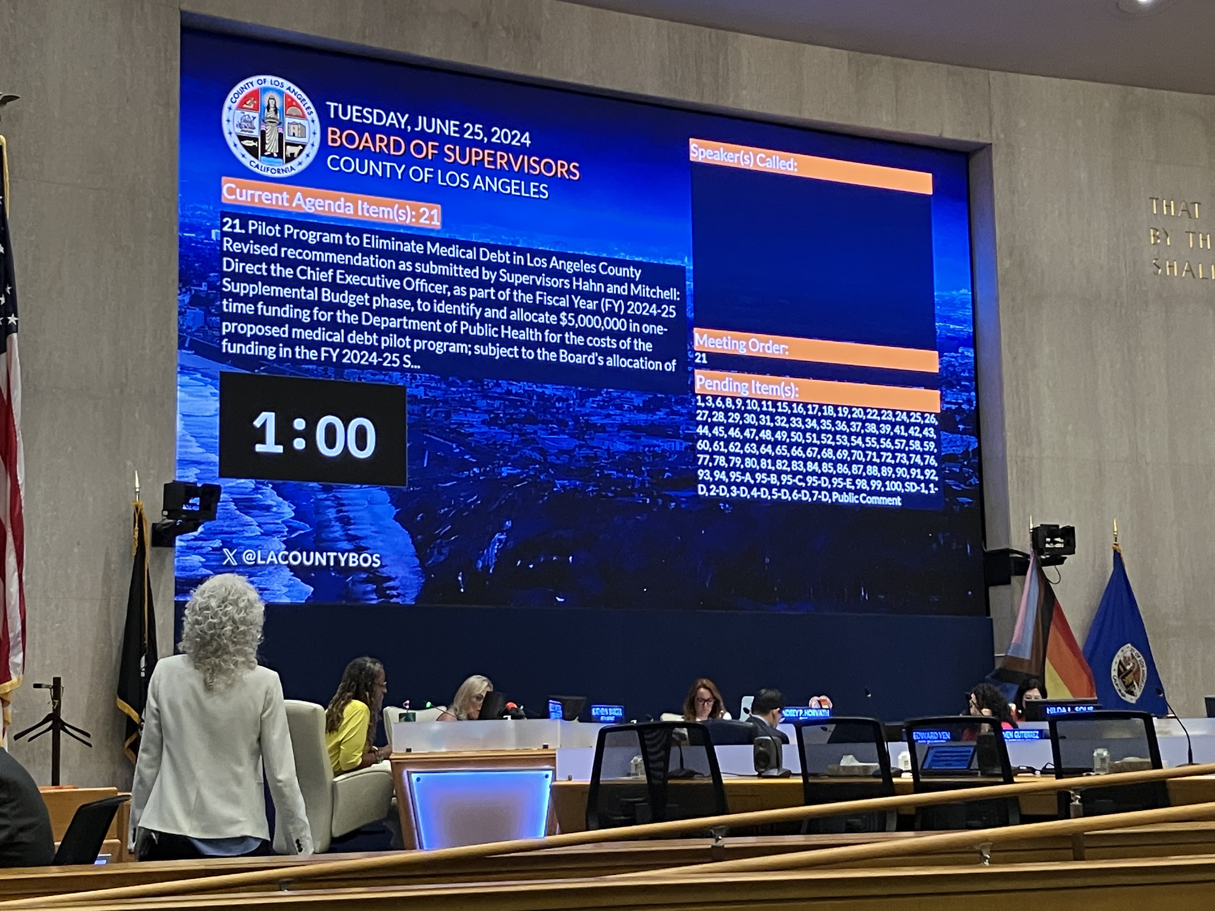la-county-med-debt-01 A projector screen says, "Tuesday, June 25, 2024 / Board of Supervisors / County of Los Angeles / Current Agenda Item(s): 21 / 21. Pilot Program to Eliminate Medical Debt in Los Angeles County Revised recommendation as submitted by Supervisors Hahn and Mitchell: Direct the Chief Executive Officer, as part of the Fiscal Year (FY) 2024-25 Supplemental Budget phase, to identify and allocate $5,000,000 in one-time funding for the Department of Public Health for the costs of the proposed medical debt pilot program; subject to the Board's allocation of funding in the FY 2024-25 S..."