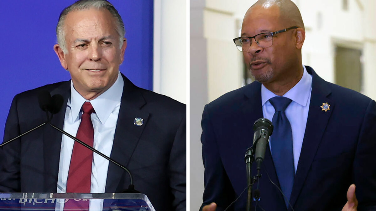 Two images shown side by side. On the left is incumbent Nevada Gov. Joe Lombardo, a Republican. On the right is his Democratic challenger, Nevada Attorney General Aaron Ford.