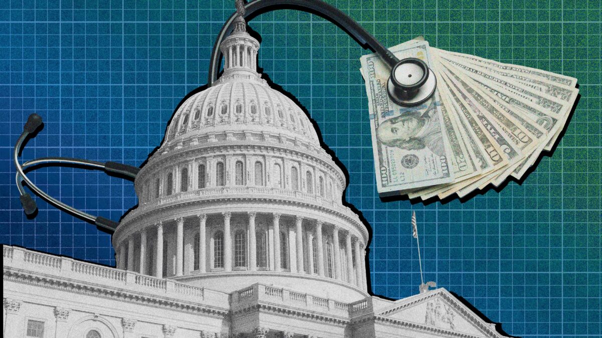A photo illustration showing a stethoscope and hundred dollar bills coming from behind the U.S. capitol building.