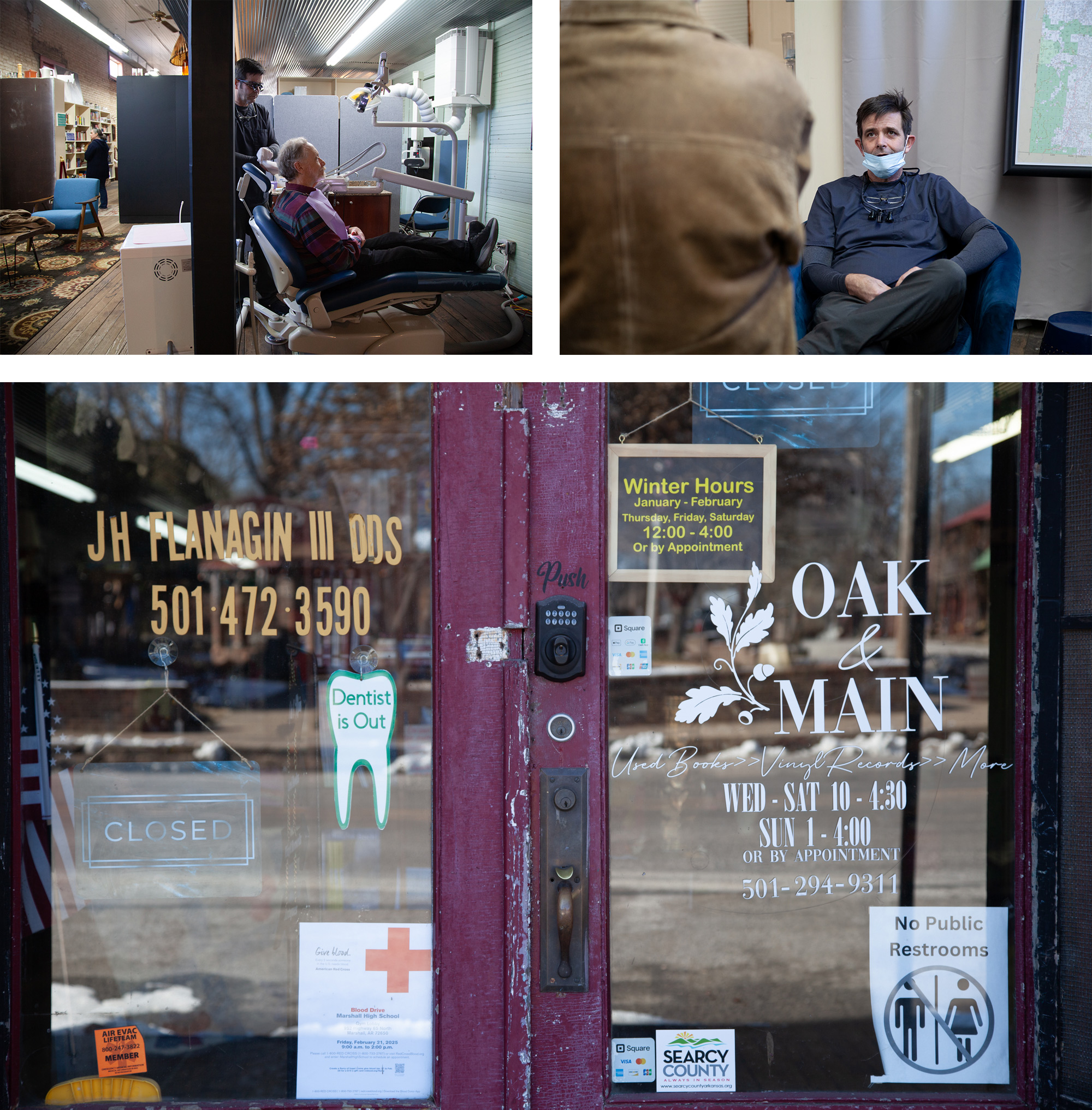 rural-dentist-3 A trio of three photos: top left shows a dentist working on a patient, top right shows a dentist in a mask speaking to someone out of view. The bottom image is of antique storefront door.