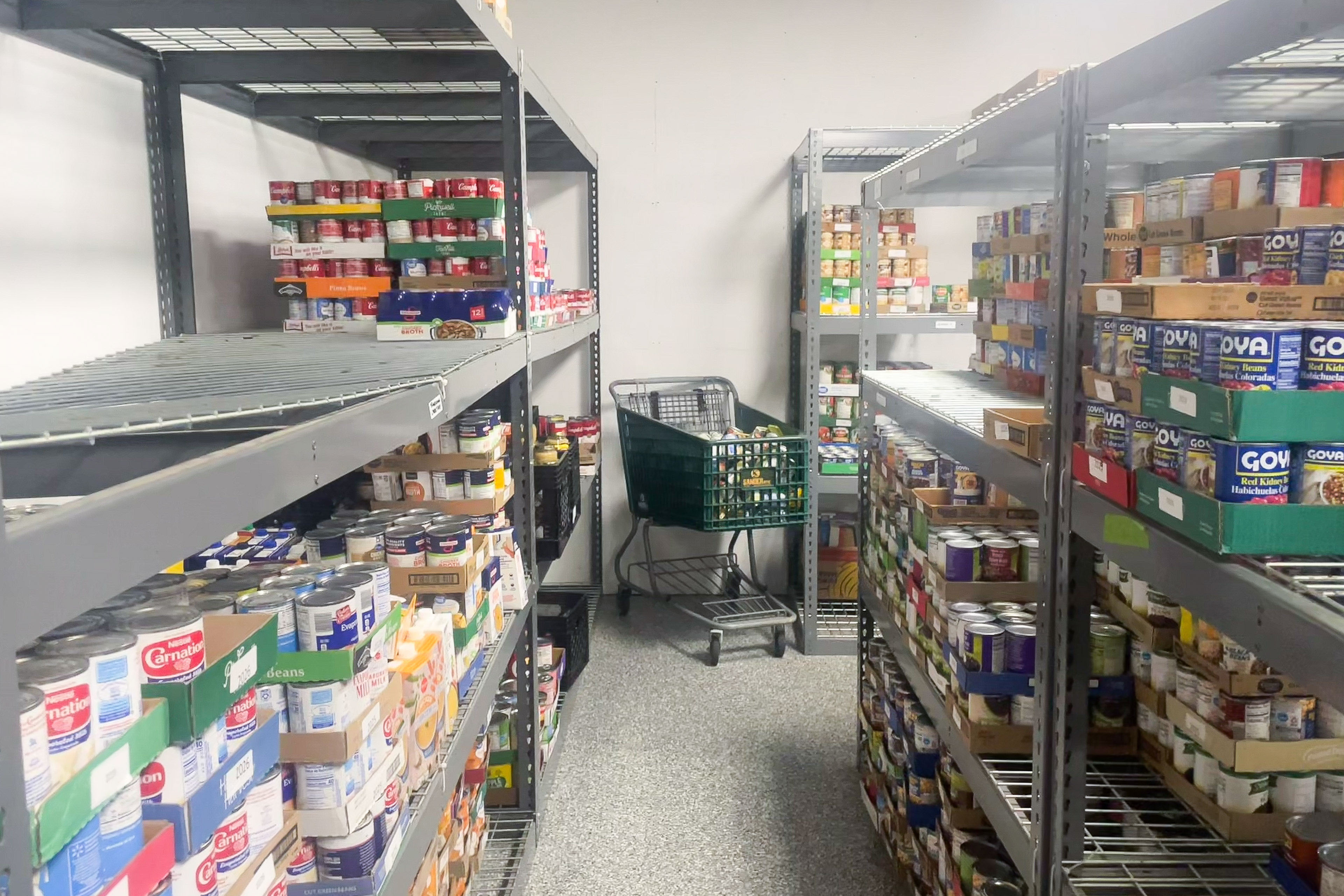 snap_04 A shopping cart inside a food pantry with aisles lined with cans and boxes of goods