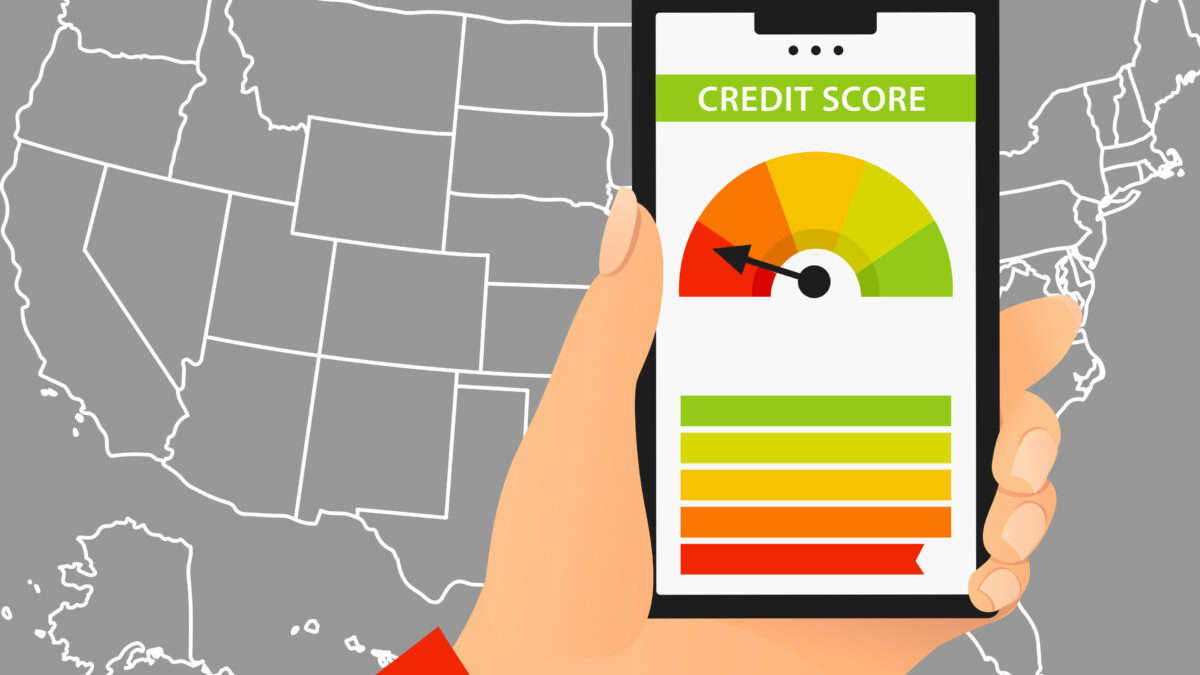 A vector illustration of a hand holding a phone with a credit score on the screen. A white outline of the the United States on a gray background is behind the hand and phone.