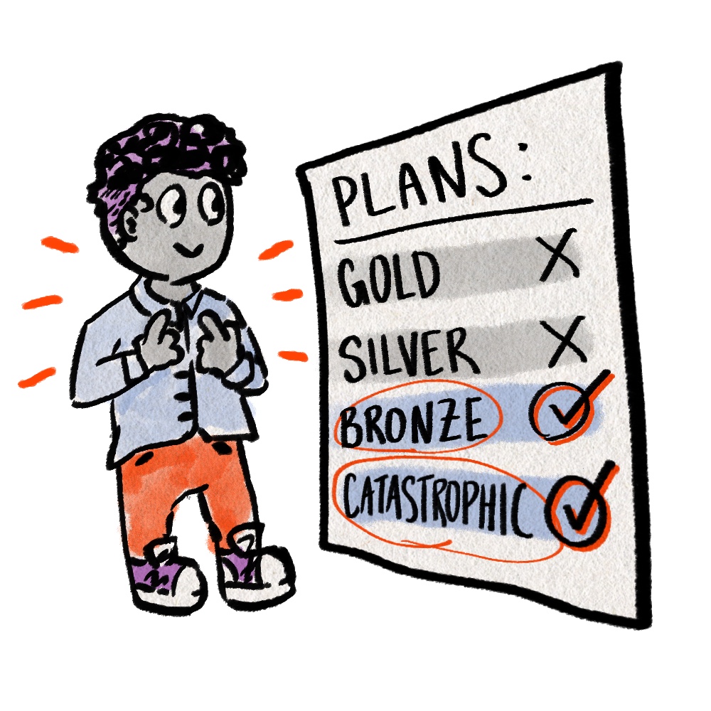 A cartoon drawing of a person smiling and pointing to themselves as they look at a piece of paper that shows different insurance plans, with their plan type highlighted.