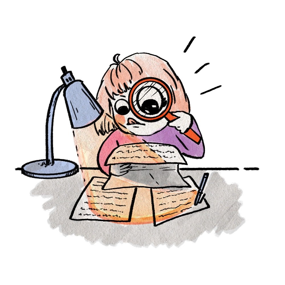 story_6_spotart_1 A hand-drawn cartoon of a person holding a magnifying glass to their eye while they read fine print.