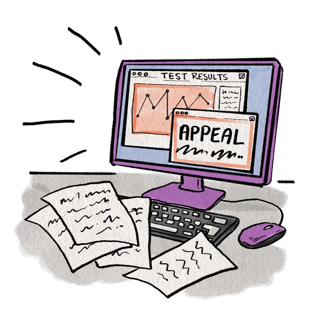 story_6_spotart_2 A hand-drawn cartoon of a computer screen that has an insurance appeal and medical test results on its screen.