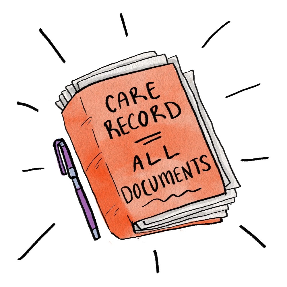 story_6_spotart_3 A hand-drawn cartoon of a folder stuffed with papers. On the front, it reads, "care record / all documents."