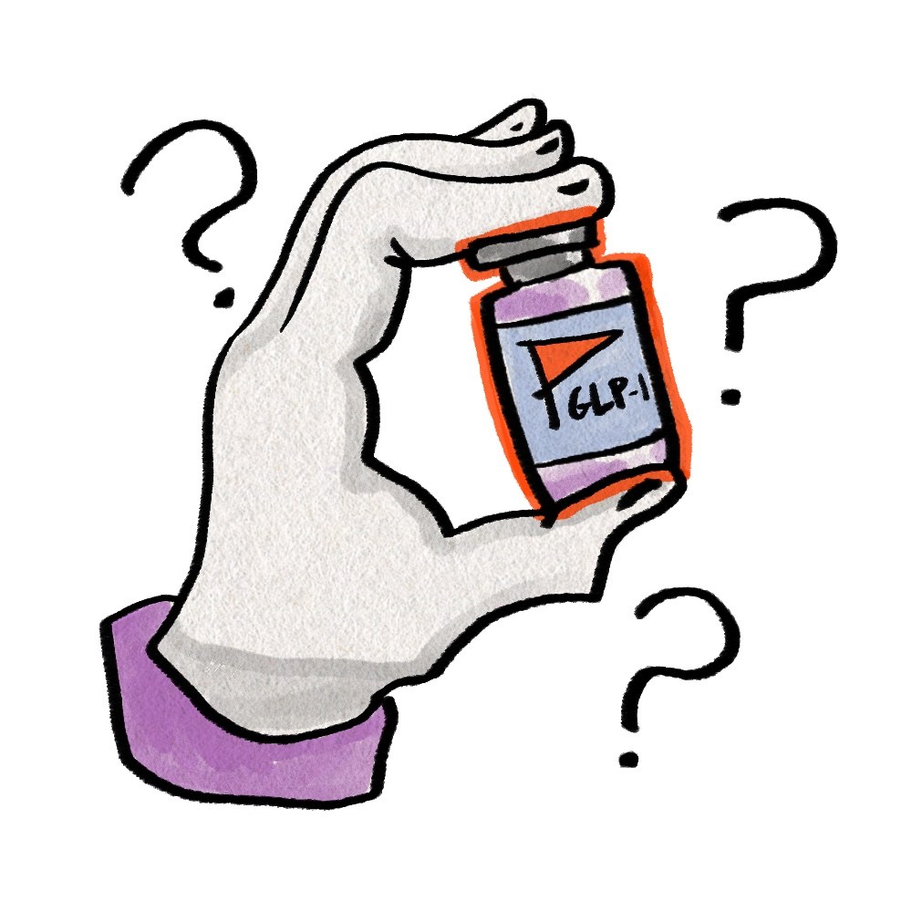story_6_spotart_5 A hand-drawn cartoon of a hand holding a vial of GLP-1 liquid. The label has a red flag on it and question marks.