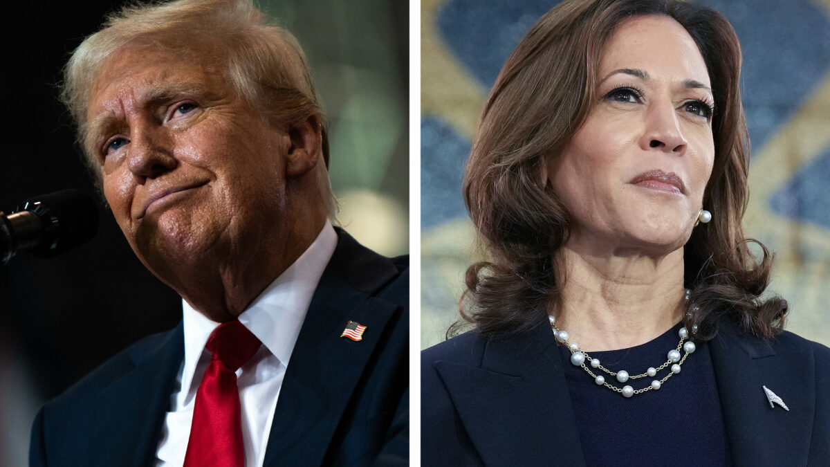 Two photos shown next to each other: a photo of Donald Trump on the left and Kamala Harris on the right.