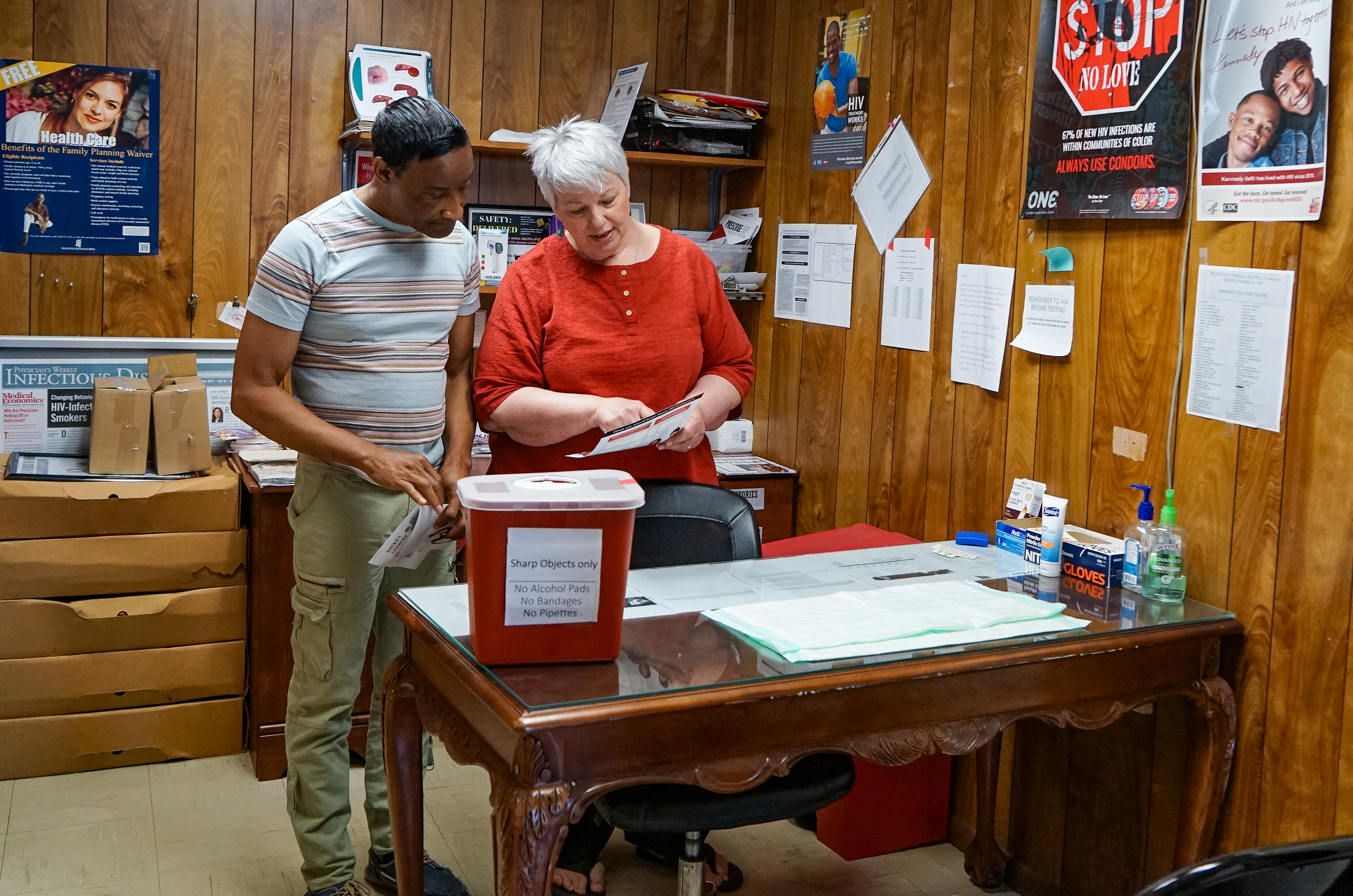trump-hiv-cuts-e28093-sean-fortenberry-kathy-garner Kathy Garner and Sean Fortenberry, at Mississippi’s AIDS Services Coalition, have stalled HIV testing in the clinic (above) because of delayed federal funds. The coalition combats the HIV epidemic by providing testing and housing support to people living with HIV, or at risk of infection. People without stable housing are at higher risk of acquiring HIV – and are more likely to die of HIV-related causes.