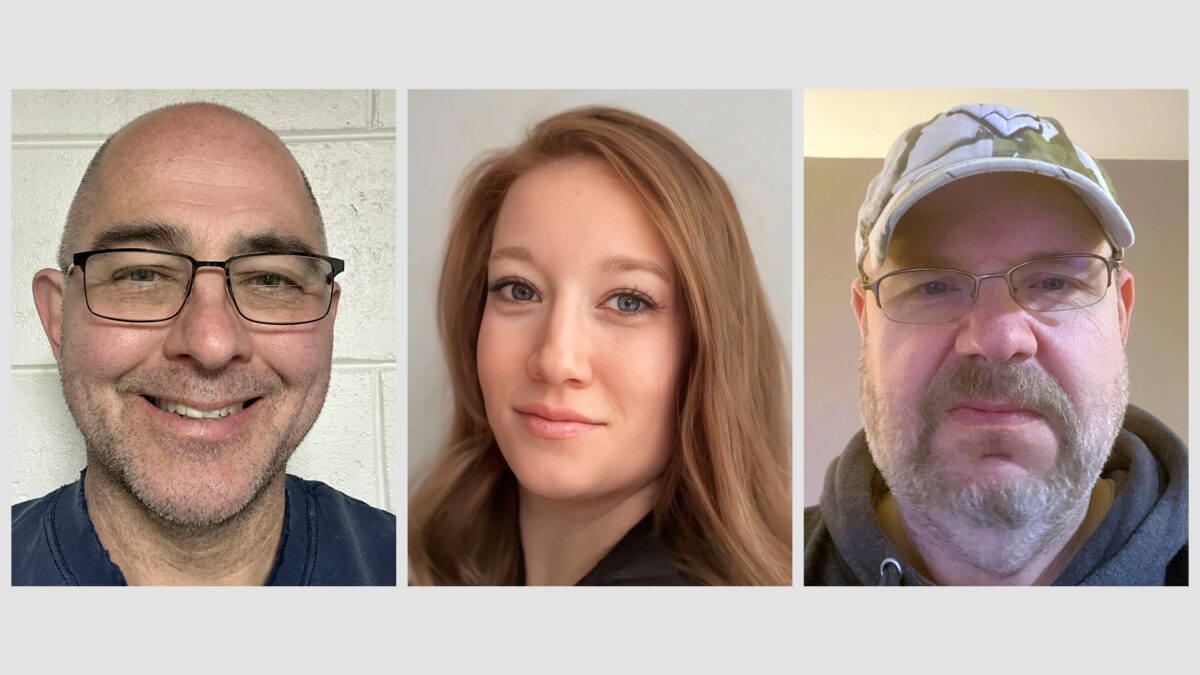 Three headshots are side by side. A man with glasses is on the left, a woman with straight caramel hair is in the center, and a man wearing a baseball cap is on the right.