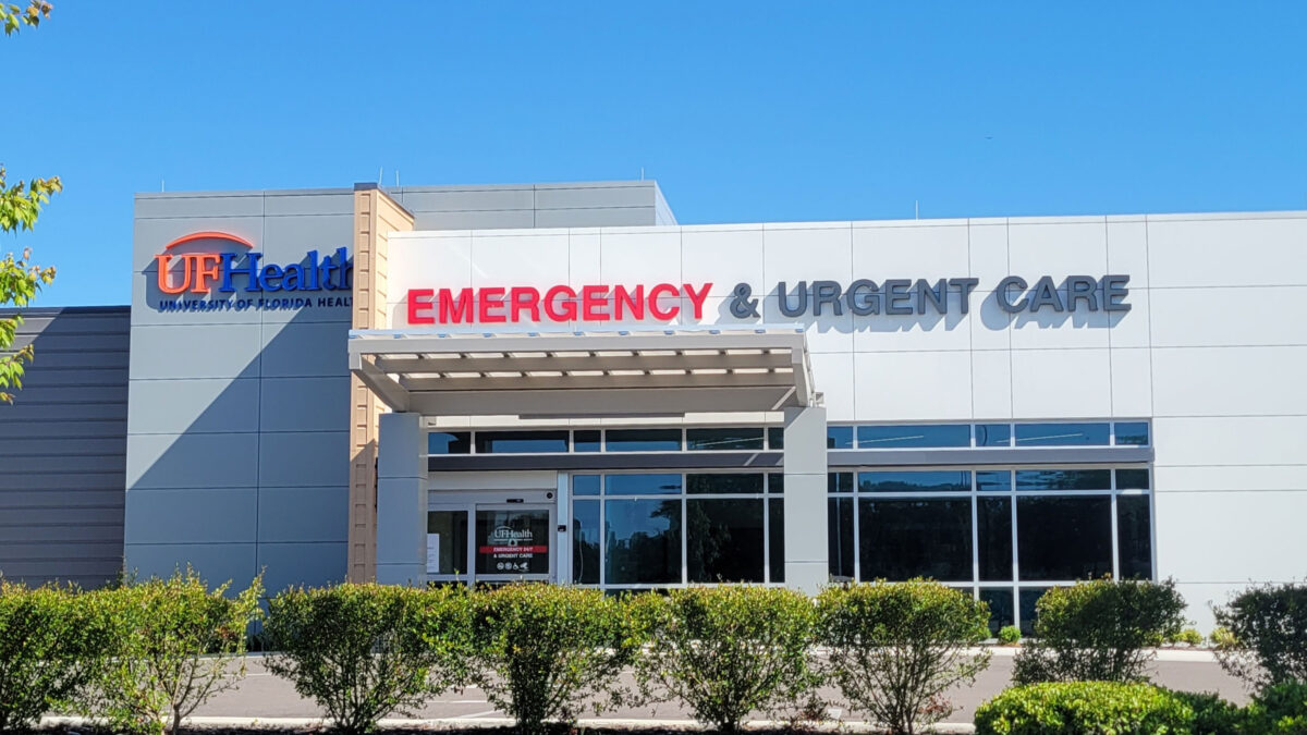 An exterior photograph of the UF Health emergency and urgent care facility in Jacksonville, Florida.