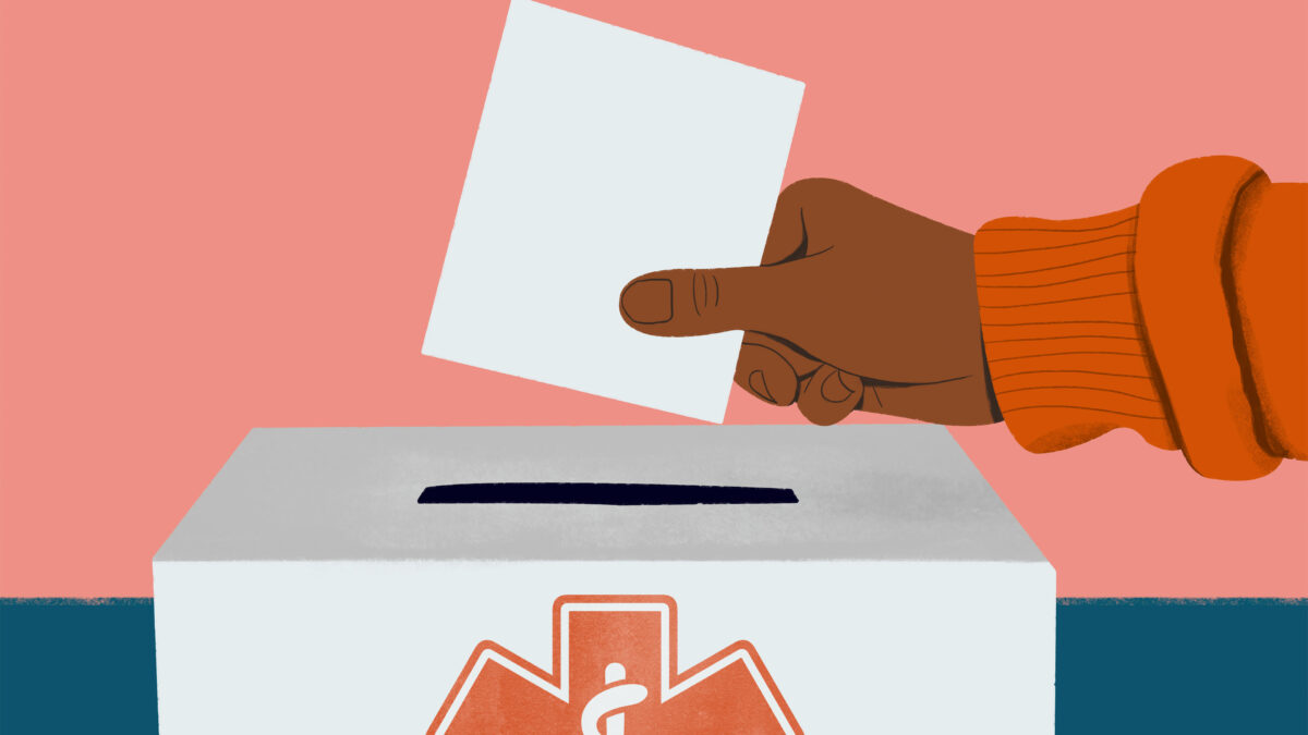 A digital illustration of a hand putting a piece on paper into a ballet box. The box has a Rod of Asclepius on it, signifying the topic of health.