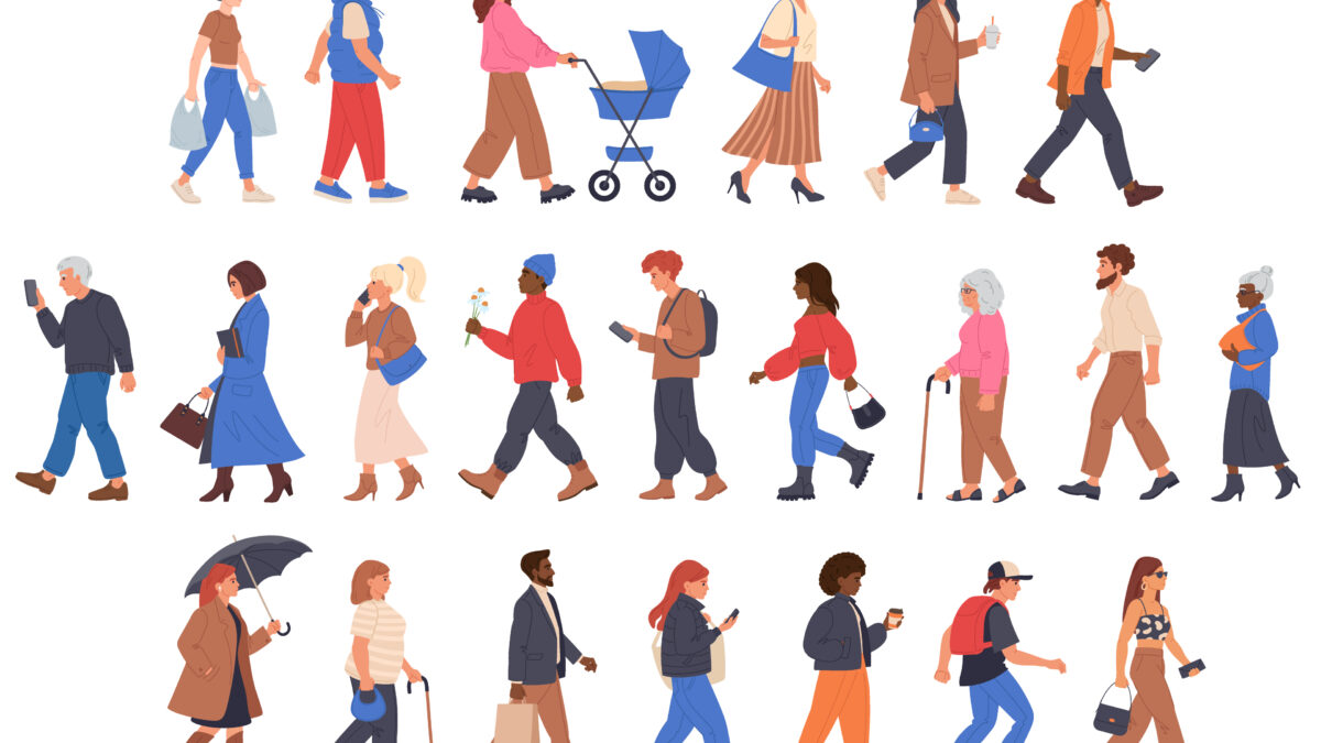 A vector illustration with three rows of a diverse group of people walking.